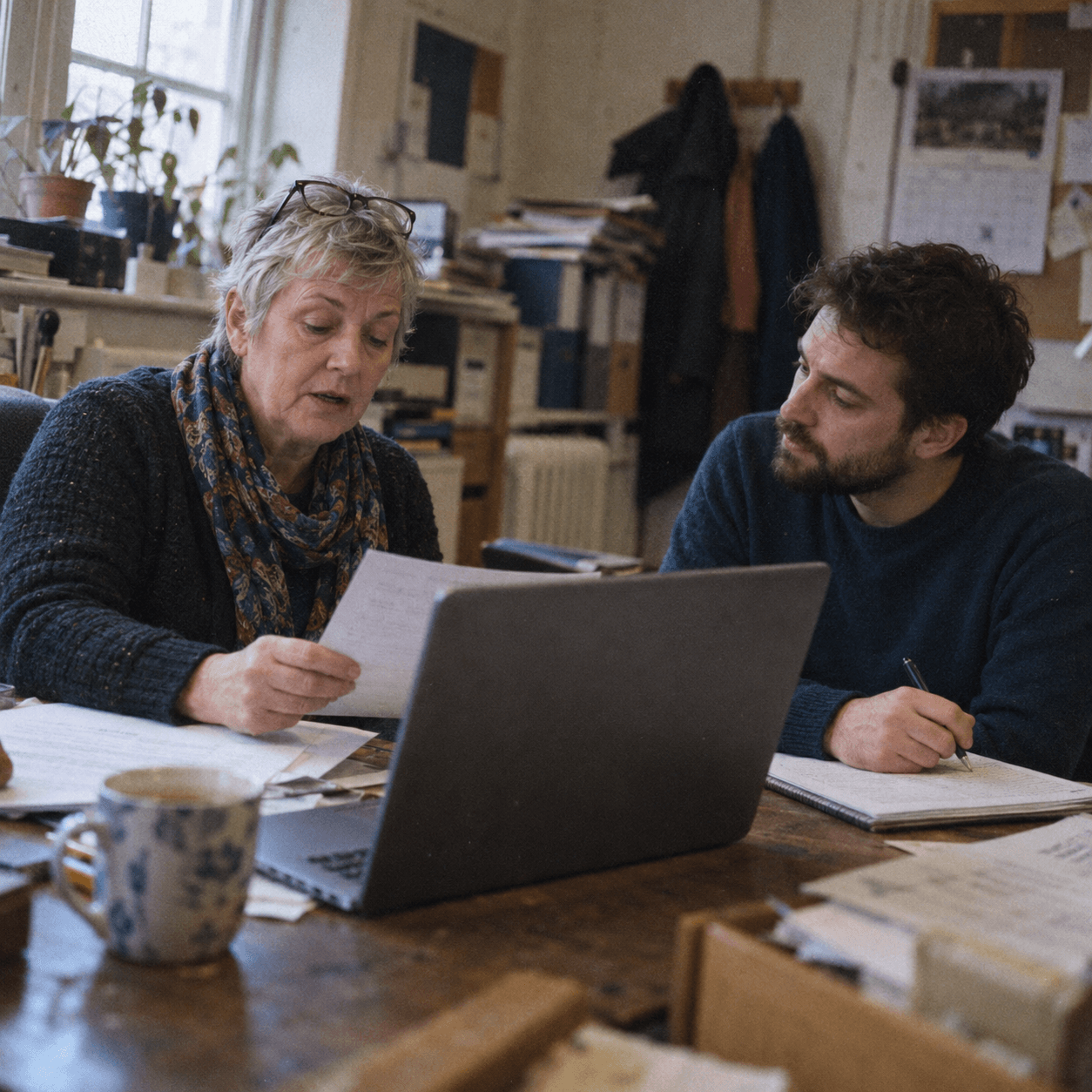 A business adviser listening as the owner of a small business talks him through a document in her office.